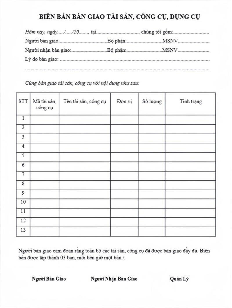 biên bản bàn giao tài sản công ty Mẫu biên bản bàn giao tài sản, công cụ