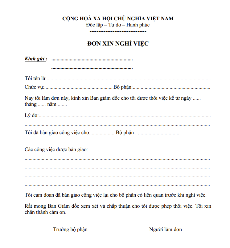 Mẫu đơn xin thôi việc của công nhân phổ biến