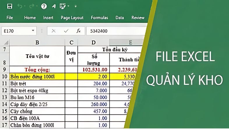 Nội dung chính của 1 file Excel quản lý kho